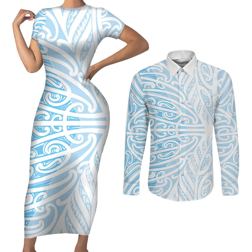 Blue New Zealand Puhoro Maori Tattoo Couples Matching Short Sleeve Bodycon Dress and Long Sleeve Button Shirt LT14 Blue - Polynesian Pride
