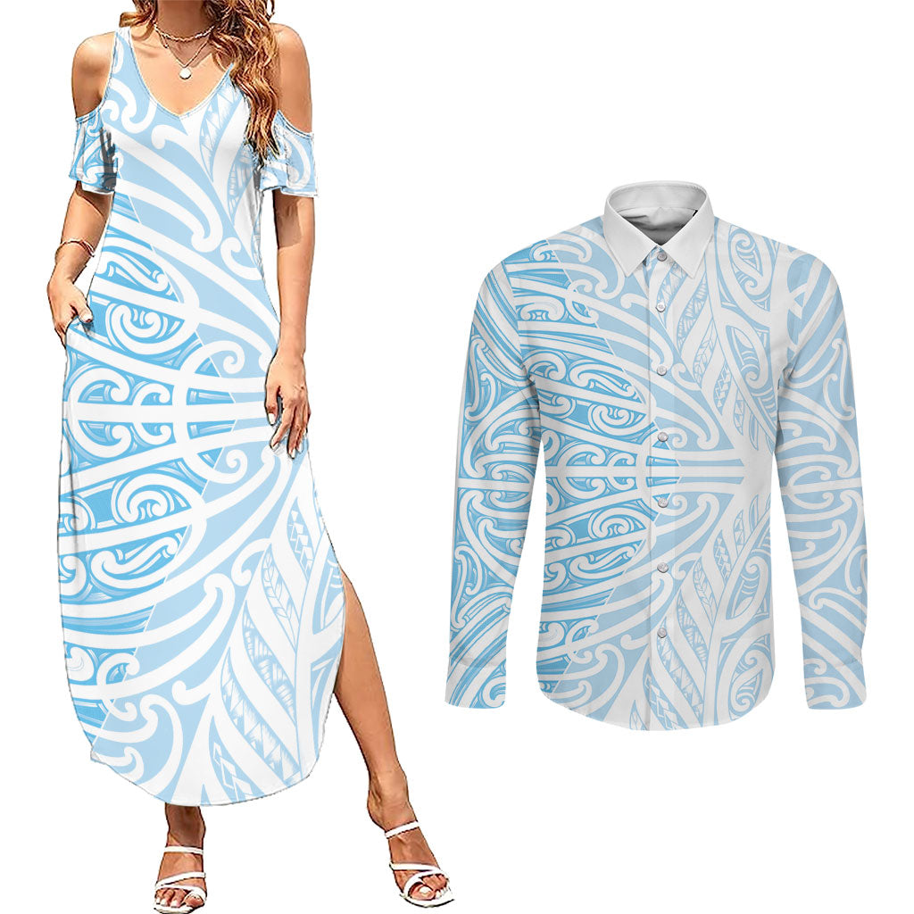 Blue New Zealand Puhoro Maori Tattoo Couples Matching Summer Maxi Dress and Long Sleeve Button Shirt LT14 Blue - Polynesian Pride