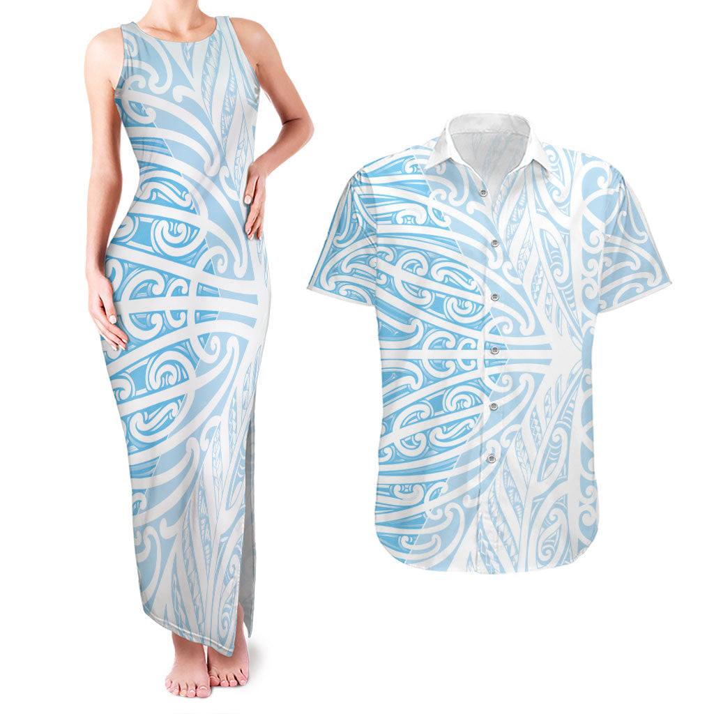 Blue New Zealand Puhoro Maori Tattoo Couples Matching Tank Maxi Dress and Hawaiian Shirt