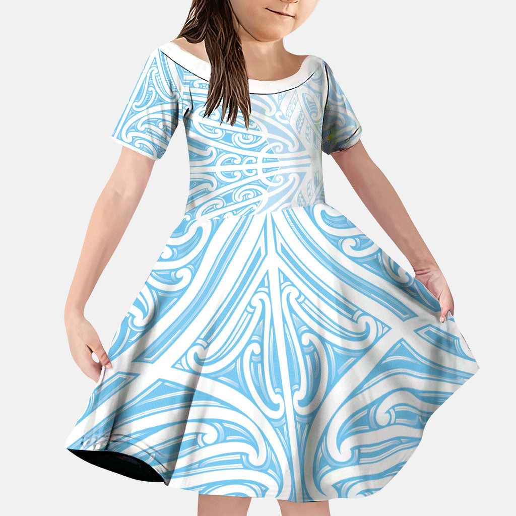 Blue New Zealand Puhoro Maori Tattoo Family Matching Long Sleeve Bodycon Dress and Hawaiian Shirt