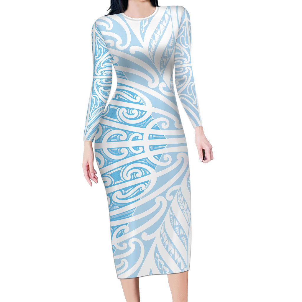 Blue New Zealand Puhoro Maori Tattoo Family Matching Long Sleeve Bodycon Dress and Hawaiian Shirt