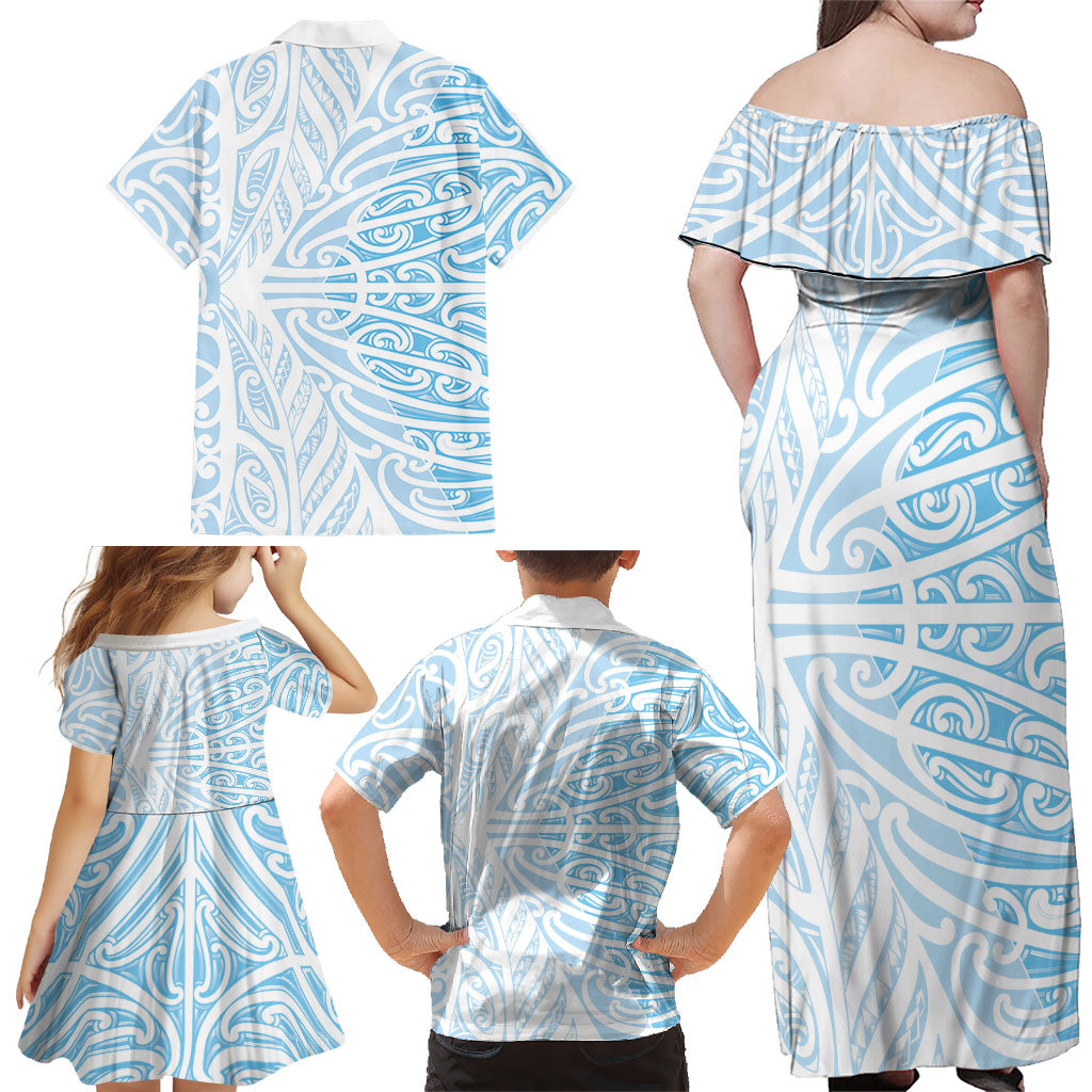 Blue New Zealand Puhoro Maori Tattoo Family Matching Off Shoulder Maxi Dress and Hawaiian Shirt