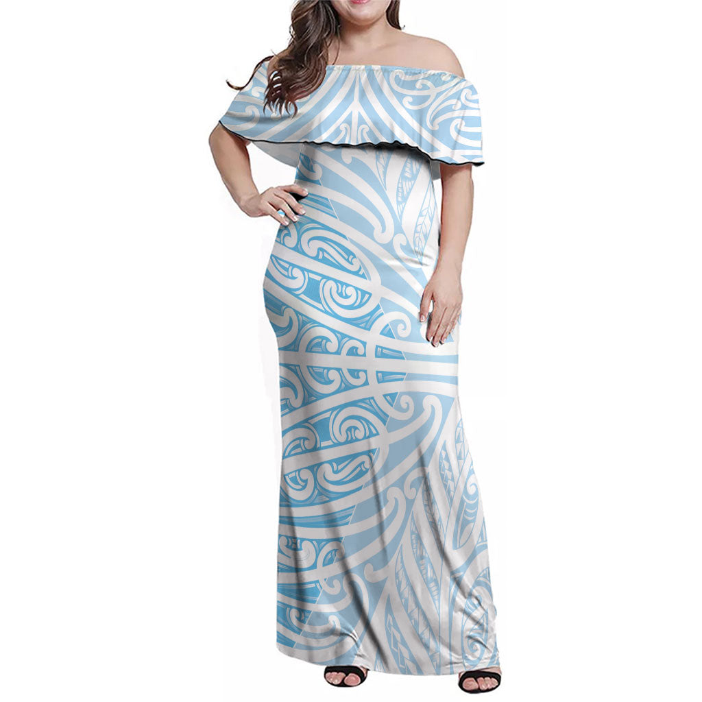 Blue New Zealand Puhoro Maori Tattoo Family Matching Off Shoulder Maxi Dress and Hawaiian Shirt