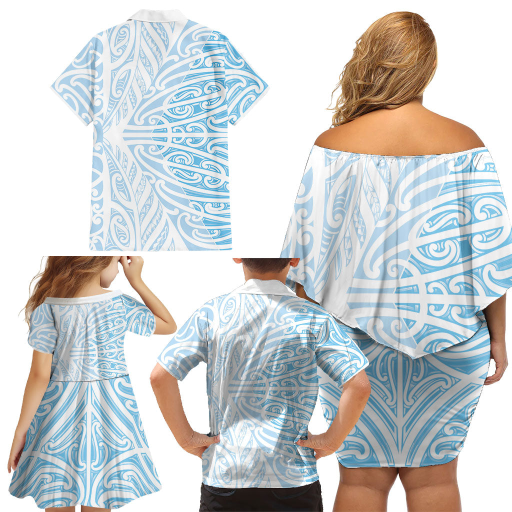 Blue New Zealand Puhoro Maori Tattoo Family Matching Off Shoulder Short Dress and Hawaiian Shirt