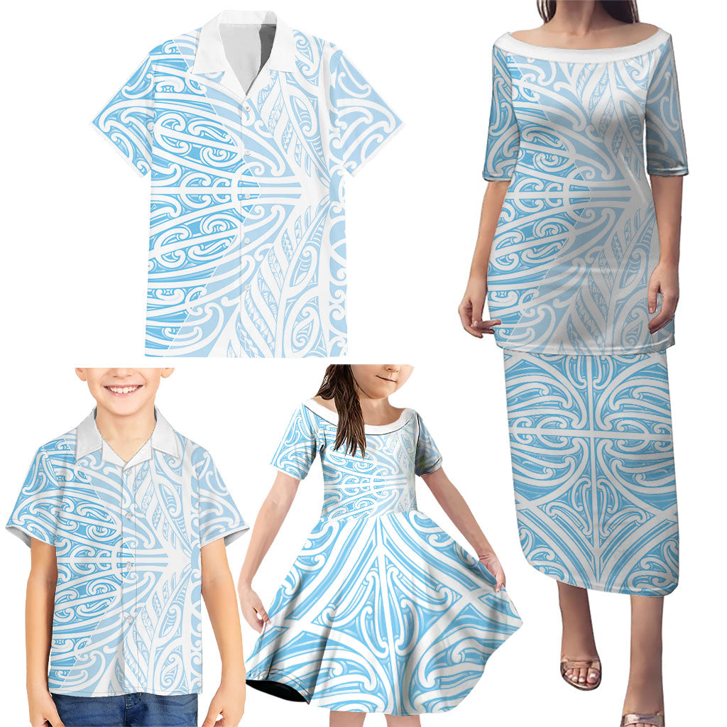 Blue New Zealand Puhoro Maori Tattoo Family Matching Puletasi and Hawaiian Shirt