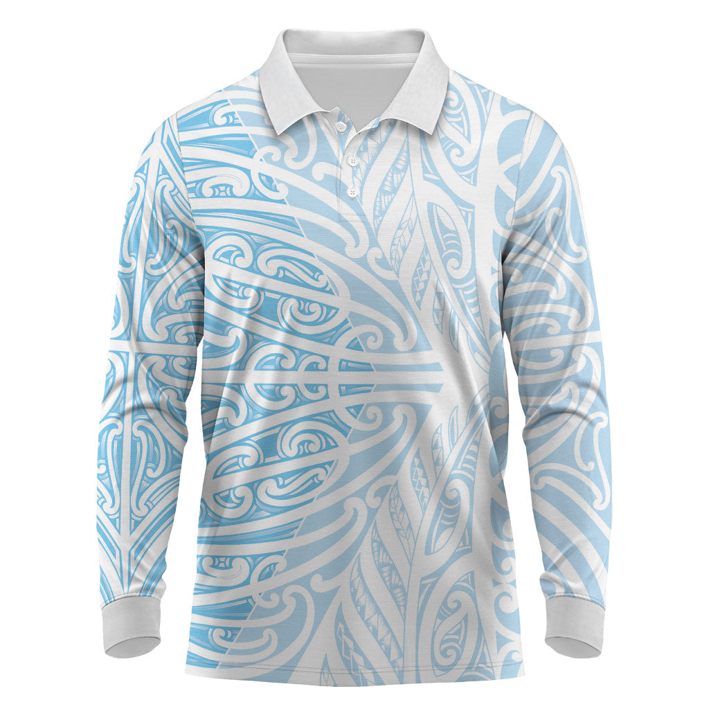 Blue New Zealand Puhoro Maori Tattoo Long Sleeve Polo Shirt