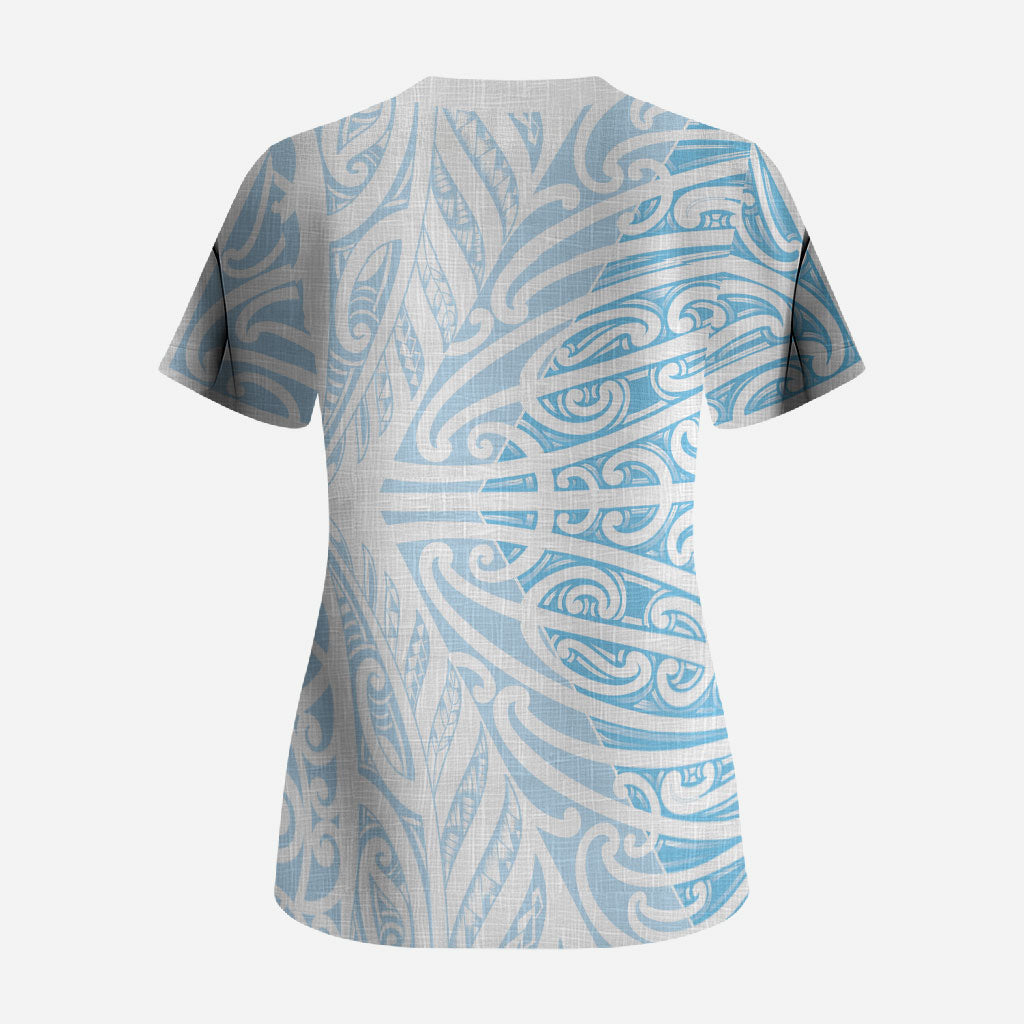 Blue New Zealand Puhoro Maori Tattoo Scrub Top