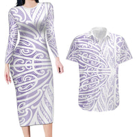 Purple New Zealand Puhoro Maori Tattoo Couples Matching Long Sleeve Bodycon Dress and Hawaiian Shirt