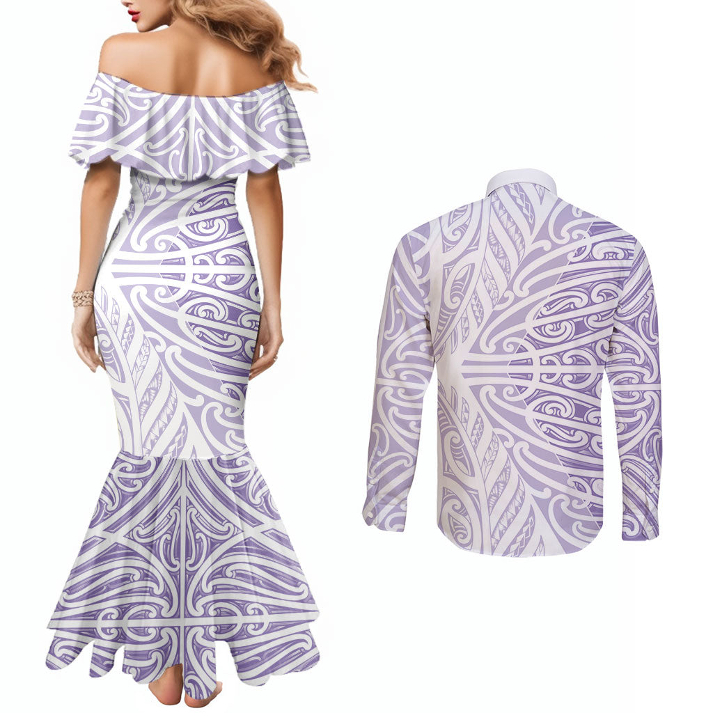 Purple New Zealand Puhoro Maori Tattoo Couples Matching Mermaid Dress and Long Sleeve Button Shirt