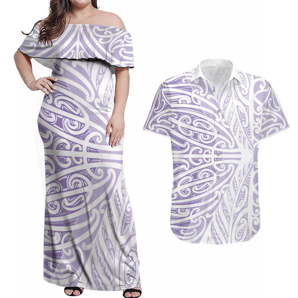 Purple New Zealand Puhoro Maori Tattoo Couples Matching Off Shoulder Maxi Dress and Hawaiian Shirt LT14 Purple - Polynesian Pride