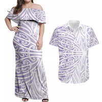 Purple New Zealand Puhoro Maori Tattoo Couples Matching Off Shoulder Maxi Dress and Hawaiian Shirt