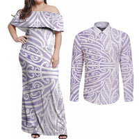 Purple New Zealand Puhoro Maori Tattoo Couples Matching Off Shoulder Maxi Dress and Long Sleeve Button Shirt