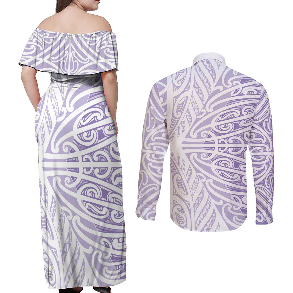 Purple New Zealand Puhoro Maori Tattoo Couples Matching Off Shoulder Maxi Dress and Long Sleeve Button Shirt