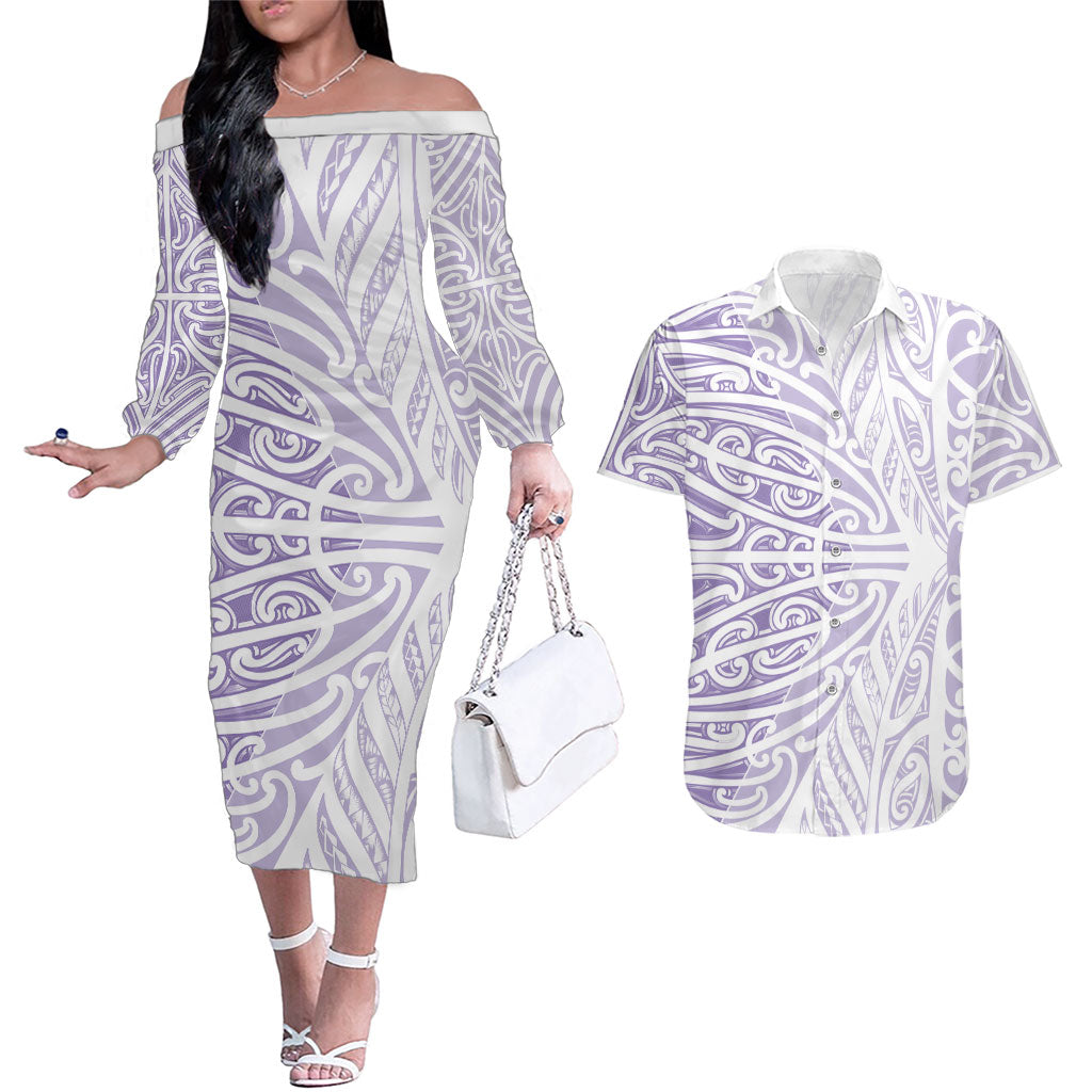 Purple New Zealand Puhoro Maori Tattoo Couples Matching Off The Shoulder Long Sleeve Dress and Hawaiian Shirt LT14 Purple - Polynesian Pride