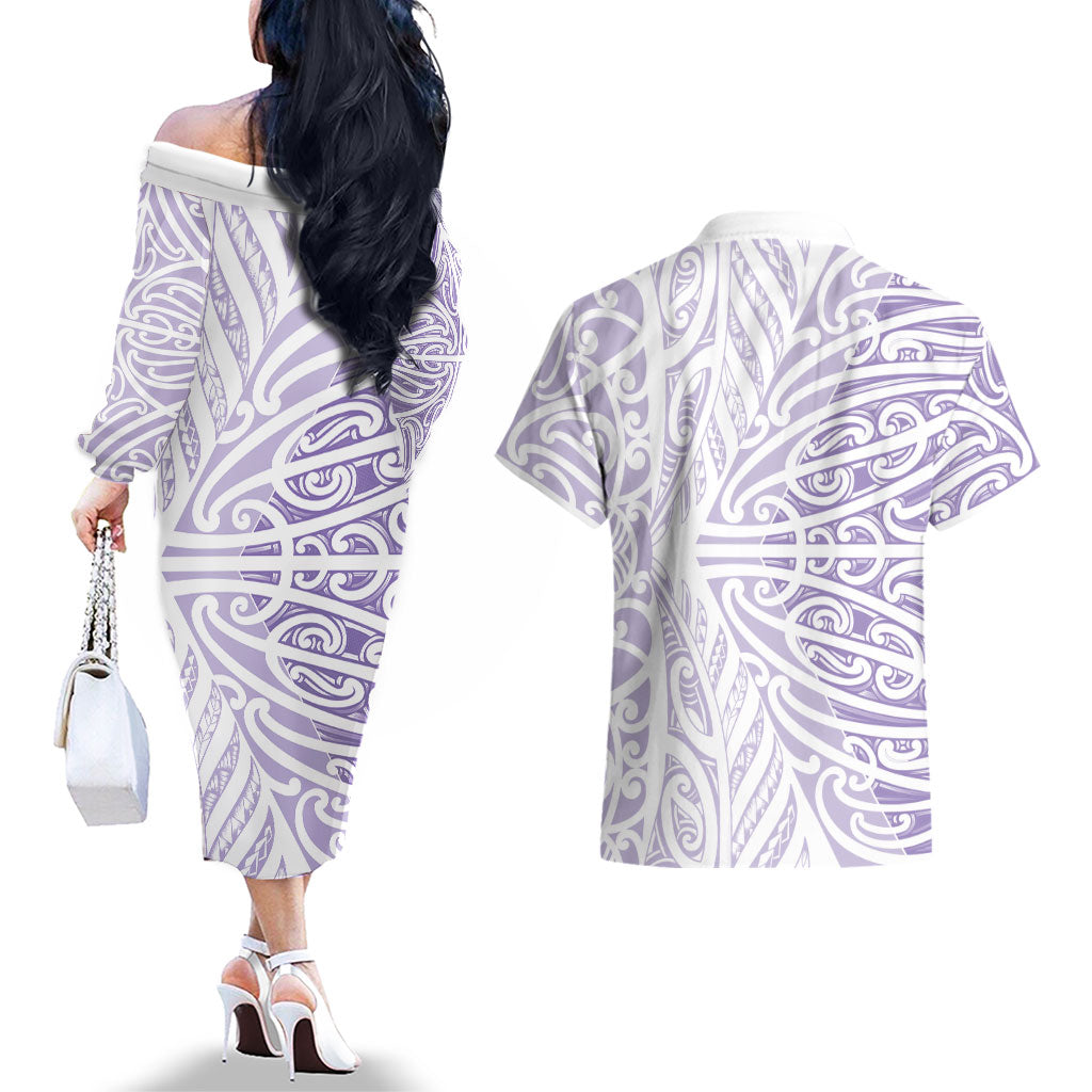 Purple New Zealand Puhoro Maori Tattoo Couples Matching Off The Shoulder Long Sleeve Dress and Hawaiian Shirt