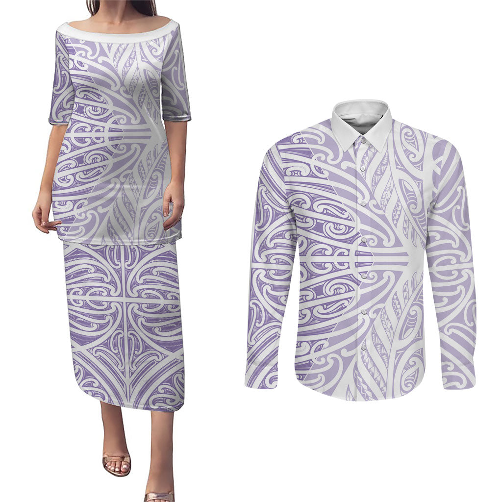 Purple New Zealand Puhoro Maori Tattoo Couples Matching Puletasi and Long Sleeve Button Shirt