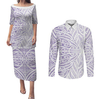 Purple New Zealand Puhoro Maori Tattoo Couples Matching Puletasi and Long Sleeve Button Shirt