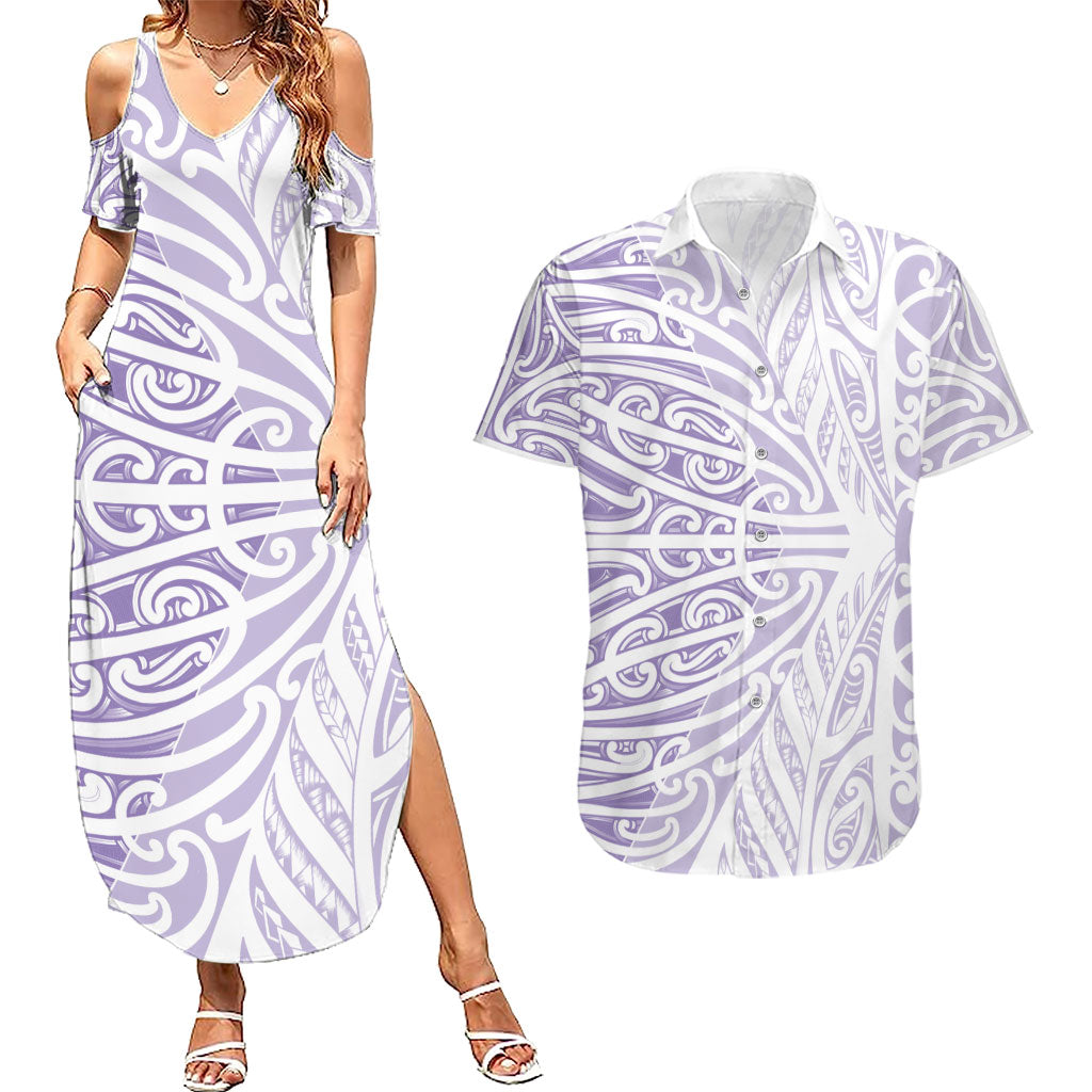 Purple New Zealand Puhoro Maori Tattoo Couples Matching Summer Maxi Dress and Hawaiian Shirt