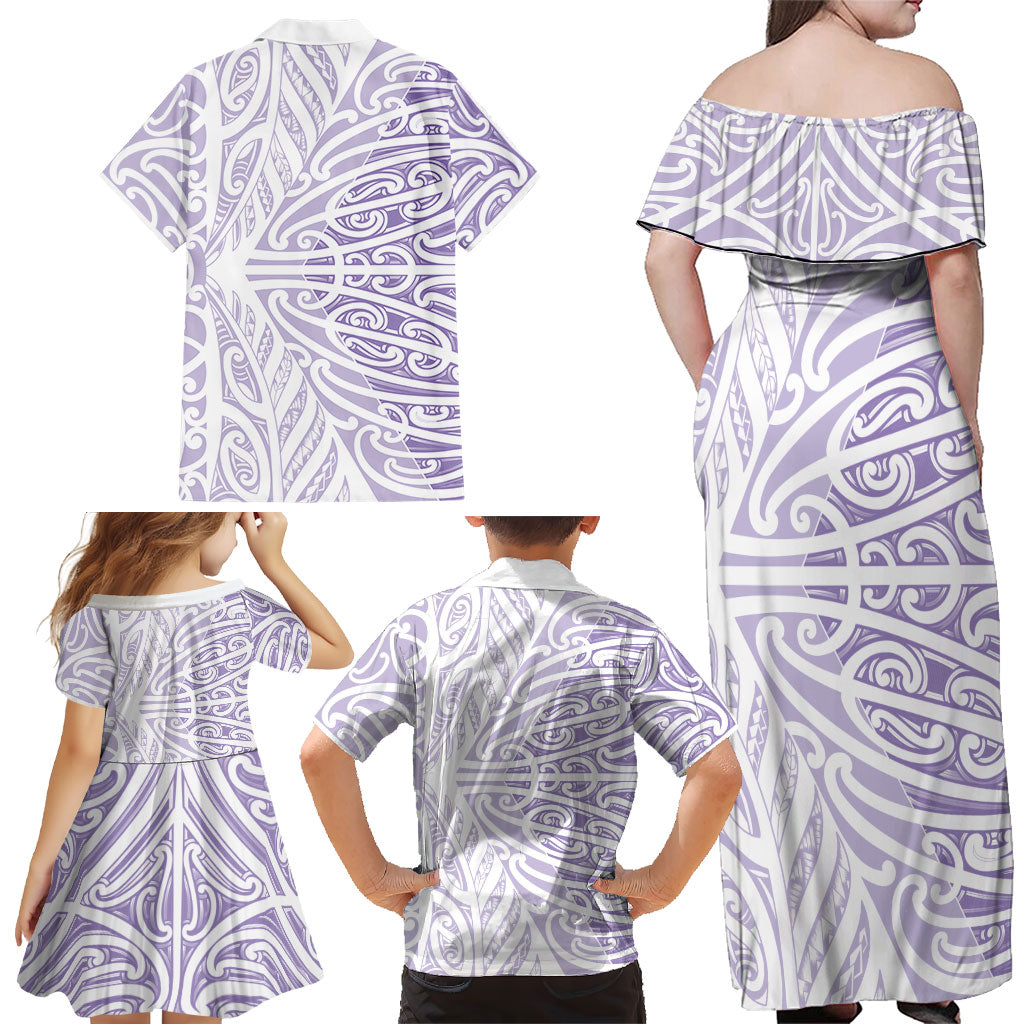 Purple New Zealand Puhoro Maori Tattoo Family Matching Off Shoulder Maxi Dress and Hawaiian Shirt