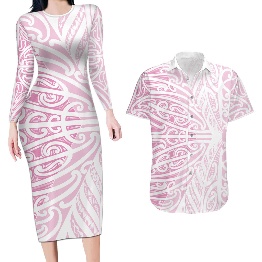 Pink New Zealand Puhoro Maori Tattoo Couples Matching Long Sleeve Bodycon Dress and Hawaiian Shirt LT14 Pink - Polynesian Pride