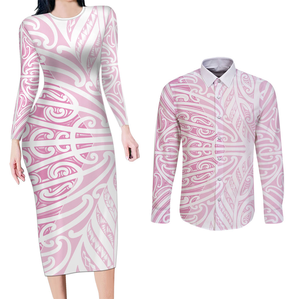Pink New Zealand Puhoro Maori Tattoo Couples Matching Long Sleeve Bodycon Dress and Long Sleeve Button Shirt LT14 Pink - Polynesian Pride
