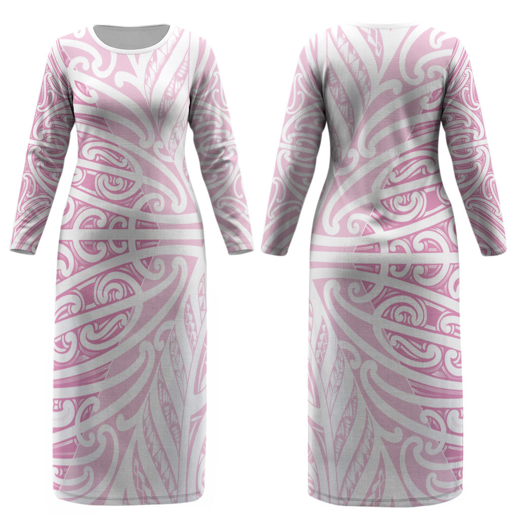 Pink New Zealand Puhoro Maori Tattoo Couples Matching Long Sleeve Bodycon Dress and Long Sleeve Button Shirt LT14 - Polynesian Pride