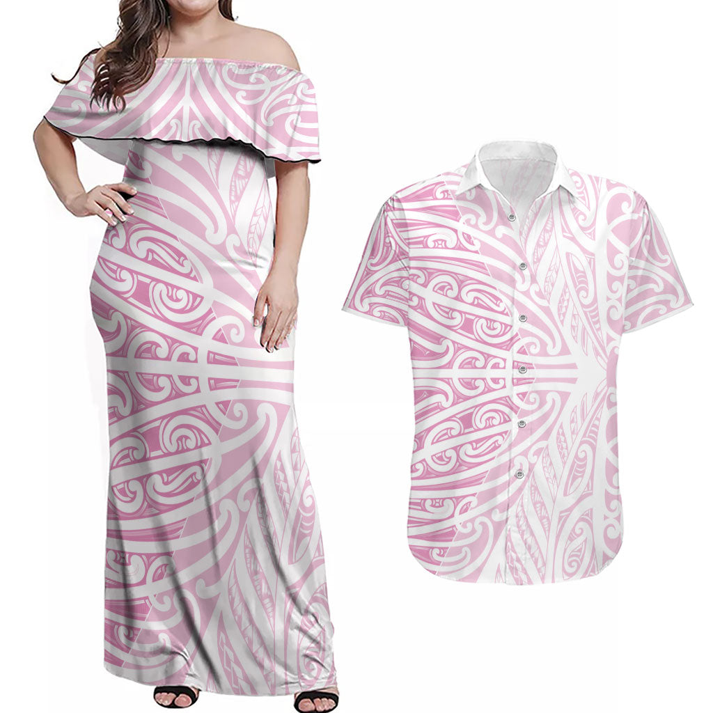 Pink New Zealand Puhoro Maori Tattoo Couples Matching Off Shoulder Maxi Dress and Hawaiian Shirt LT14 Pink - Polynesian Pride