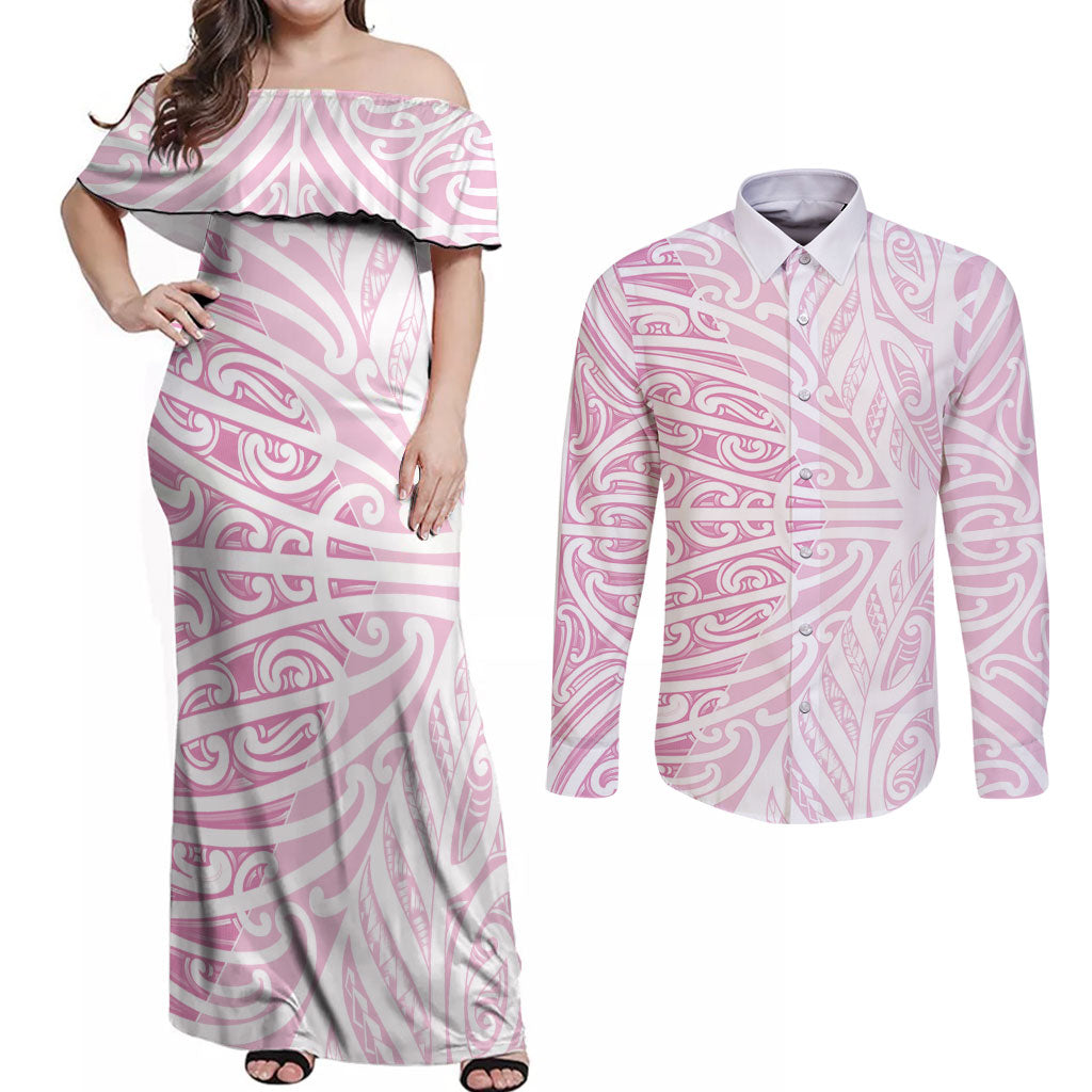Pink New Zealand Puhoro Maori Tattoo Couples Matching Off Shoulder Maxi Dress and Long Sleeve Button Shirt LT14 Pink - Polynesian Pride