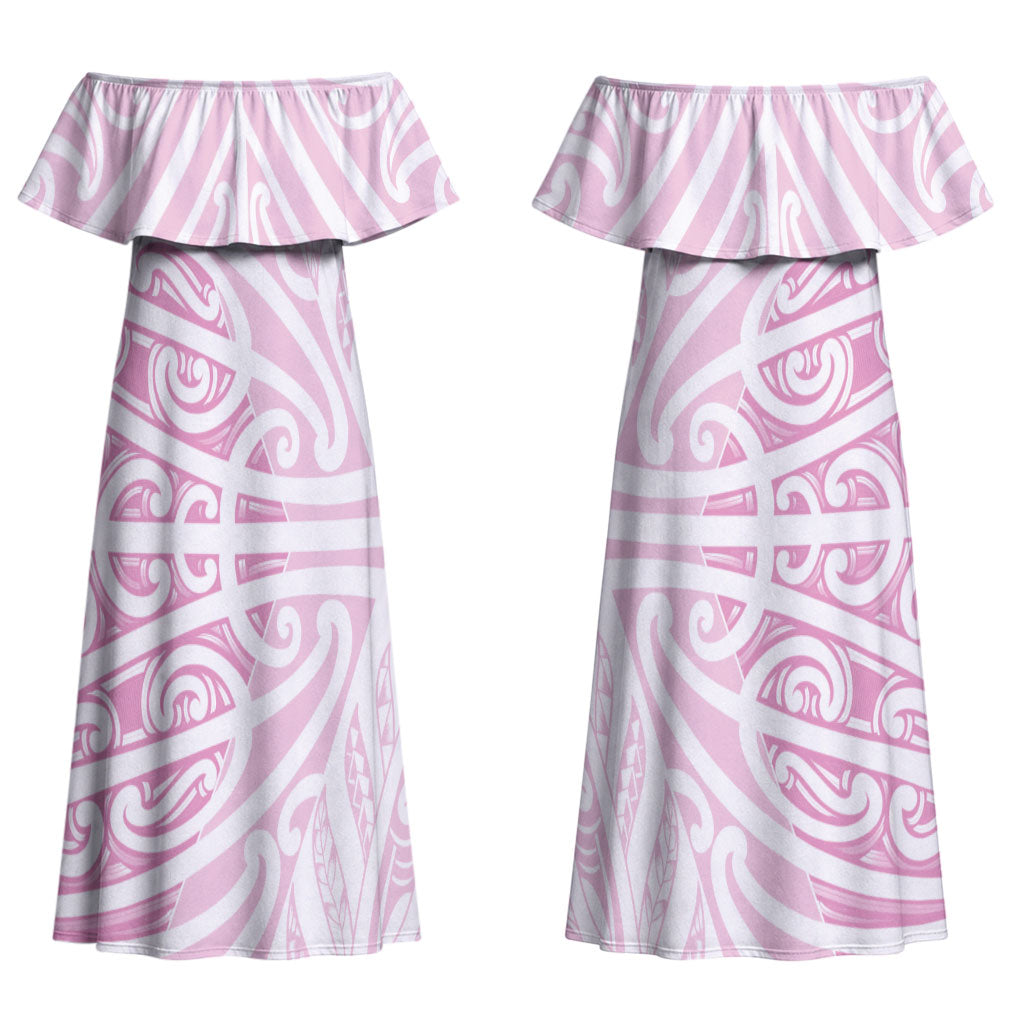 Pink New Zealand Puhoro Maori Tattoo Couples Matching Off Shoulder Maxi Dress and Long Sleeve Button Shirt LT14 - Polynesian Pride
