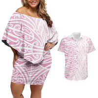Pink New Zealand Puhoro Maori Tattoo Couples Matching Off Shoulder Short Dress and Hawaiian Shirt
