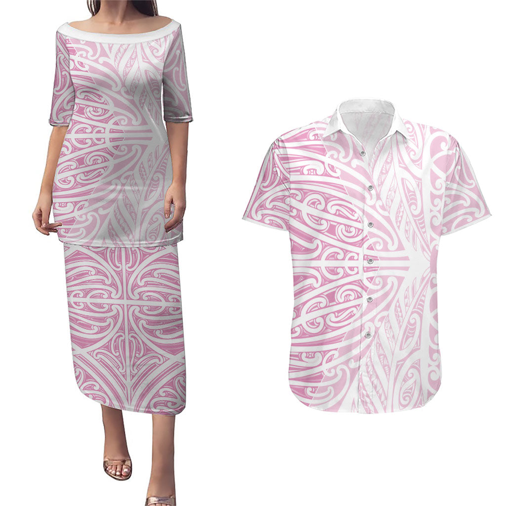 Pink New Zealand Puhoro Maori Tattoo Couples Matching Puletasi and Hawaiian Shirt