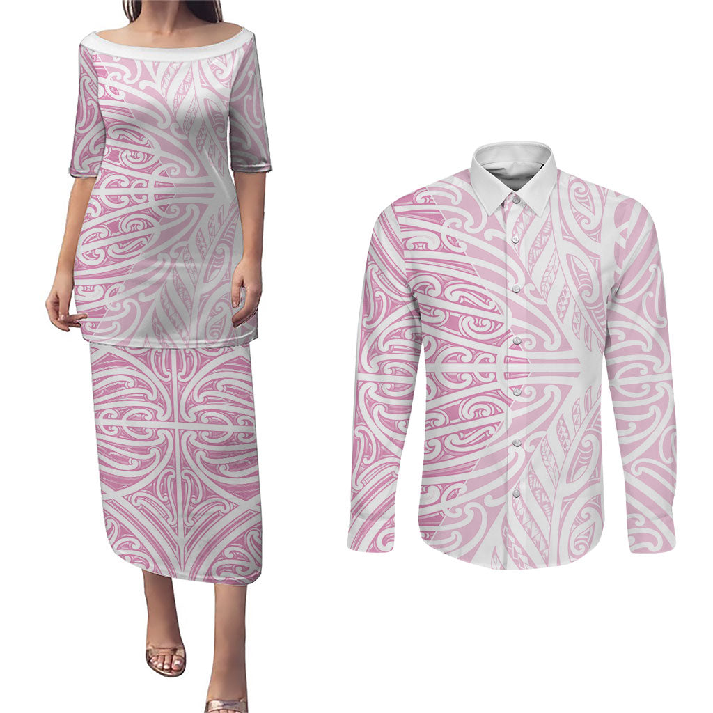 Pink New Zealand Puhoro Maori Tattoo Couples Matching Puletasi and Long Sleeve Button Shirt