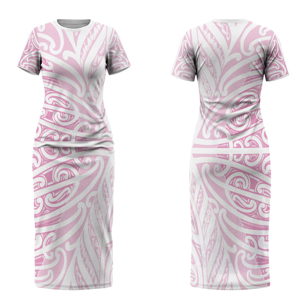 Pink New Zealand Puhoro Maori Tattoo Couples Matching Short Sleeve Bodycon Dress and Long Sleeve Button Shirt LT14 - Polynesian Pride
