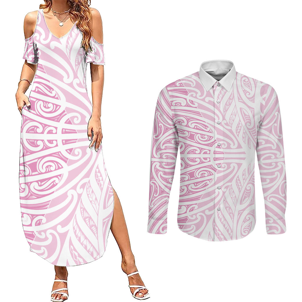 Pink New Zealand Puhoro Maori Tattoo Couples Matching Summer Maxi Dress and Long Sleeve Button Shirt LT14 Pink - Polynesian Pride
