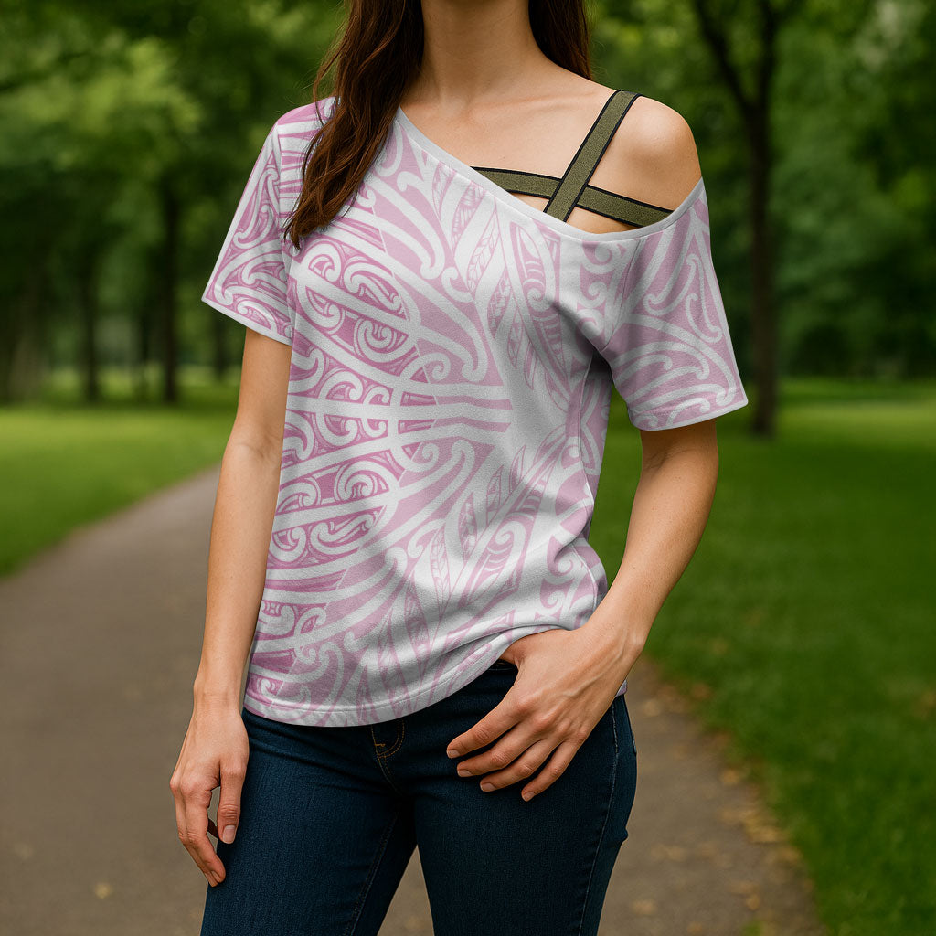 Pink New Zealand Puhoro Maori Tattoo Cross Shoulder Shirt