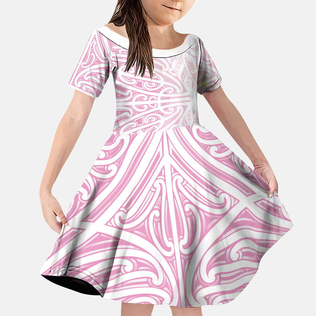 Pink New Zealand Puhoro Maori Tattoo Family Matching Long Sleeve Bodycon Dress and Hawaiian Shirt