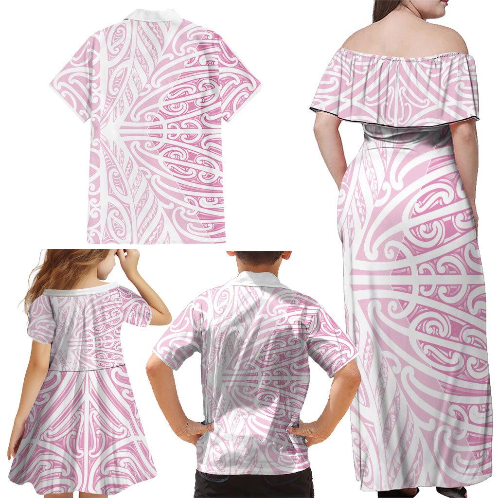 Pink New Zealand Puhoro Maori Tattoo Family Matching Off Shoulder Maxi Dress and Hawaiian Shirt