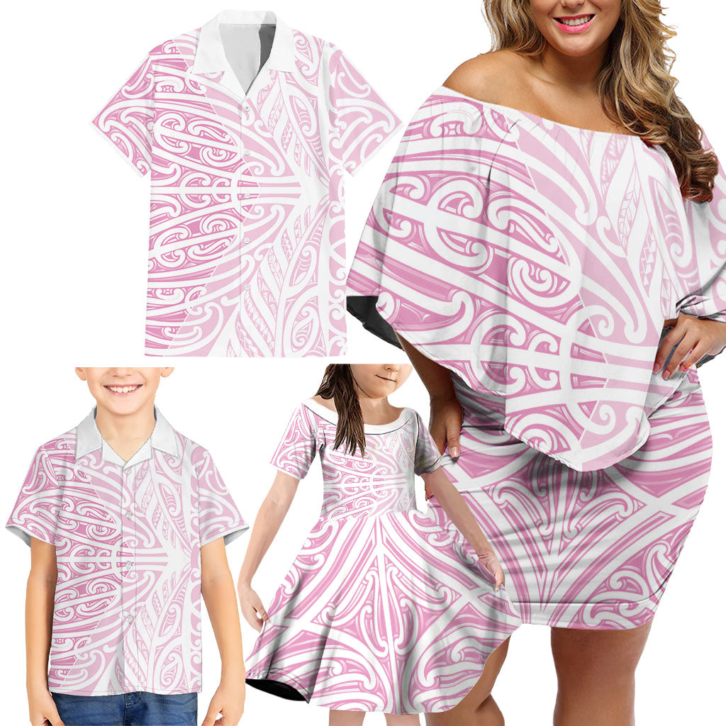 Pink New Zealand Puhoro Maori Tattoo Family Matching Off Shoulder Short Dress and Hawaiian Shirt LT14 - Polynesian Pride