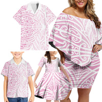 Pink New Zealand Puhoro Maori Tattoo Family Matching Off Shoulder Short Dress and Hawaiian Shirt