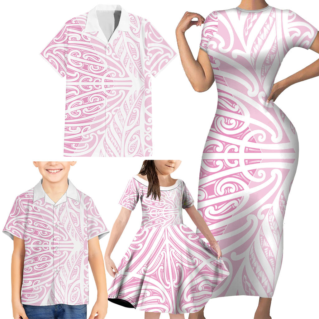 Pink New Zealand Puhoro Maori Tattoo Family Matching Short Sleeve Bodycon Dress and Hawaiian Shirt LT14 - Polynesian Pride