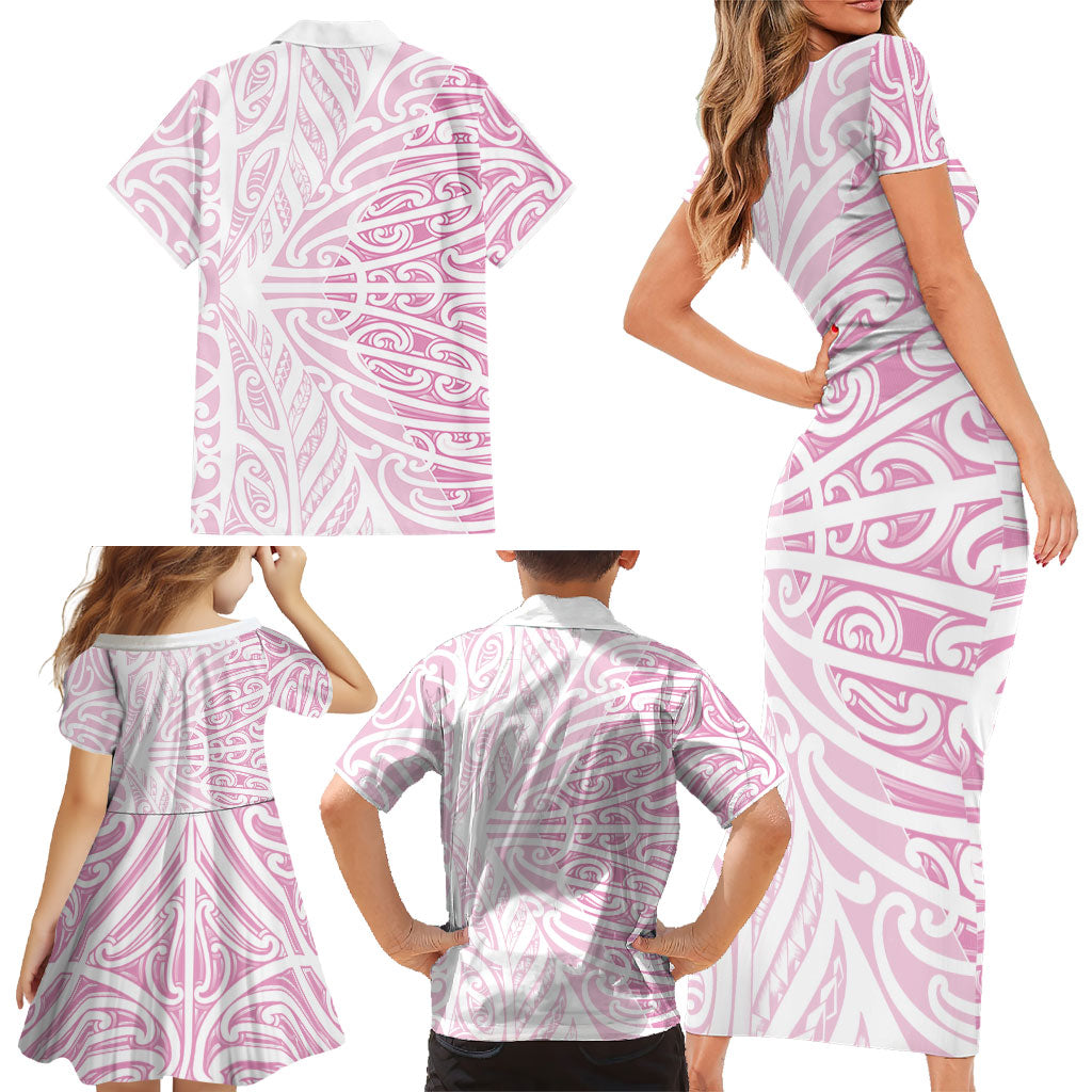 Pink New Zealand Puhoro Maori Tattoo Family Matching Short Sleeve Bodycon Dress and Hawaiian Shirt