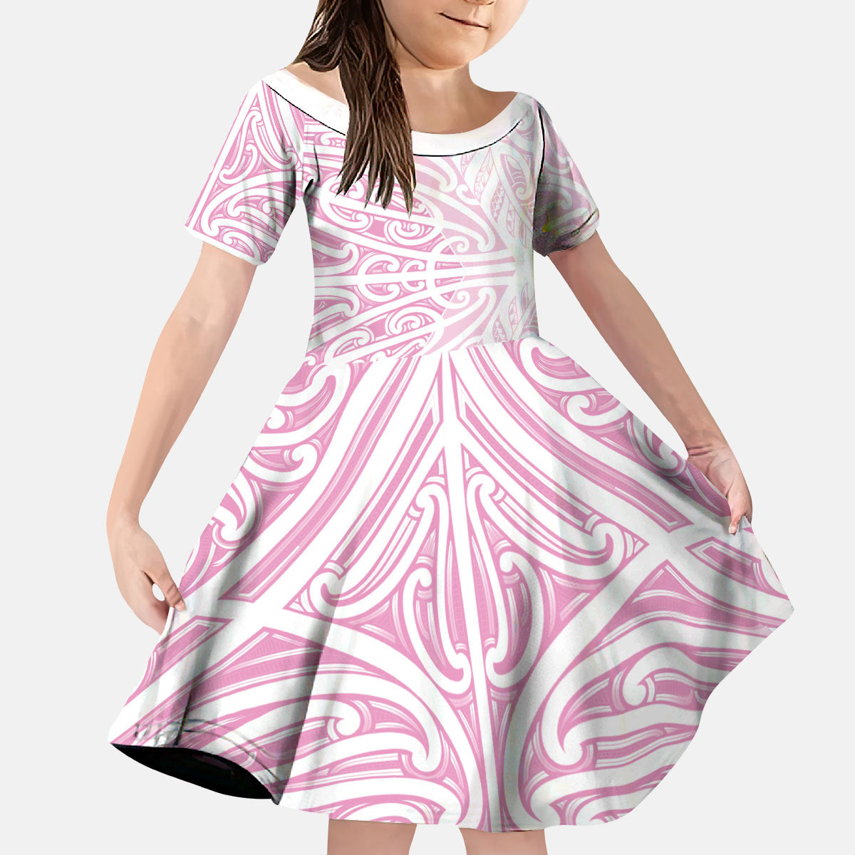 Pink New Zealand Puhoro Maori Tattoo Kid Short Sleeve Dress LT14 KID Pink - Polynesian Pride