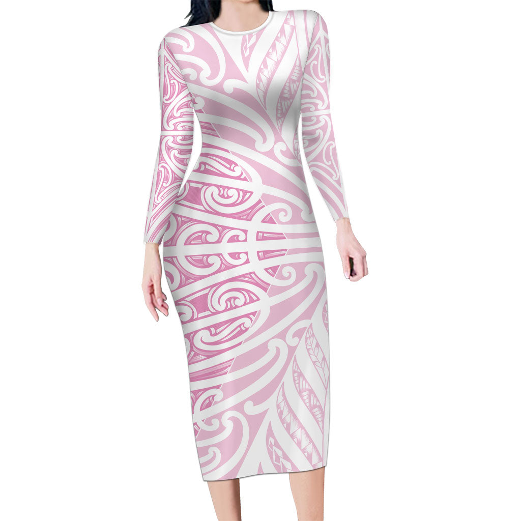 Pink New Zealand Puhoro Maori Tattoo Long Sleeve Bodycon Dress