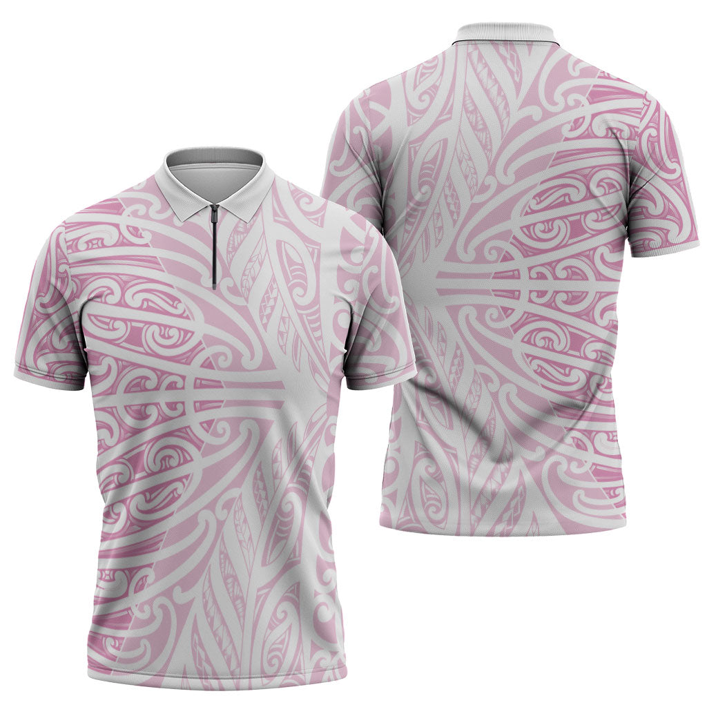 Pink New Zealand Puhoro Maori Tattoo Zipper Polo Shirt