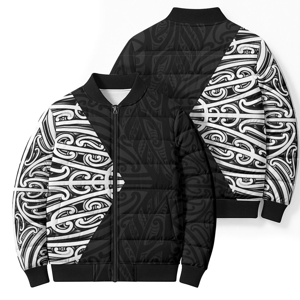 Black New Zealand Puhoro Maori Tattoo Bomber Puffer Jacket