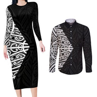 Black New Zealand Puhoro Maori Tattoo Couples Matching Long Sleeve Bodycon Dress and Long Sleeve Button Shirt