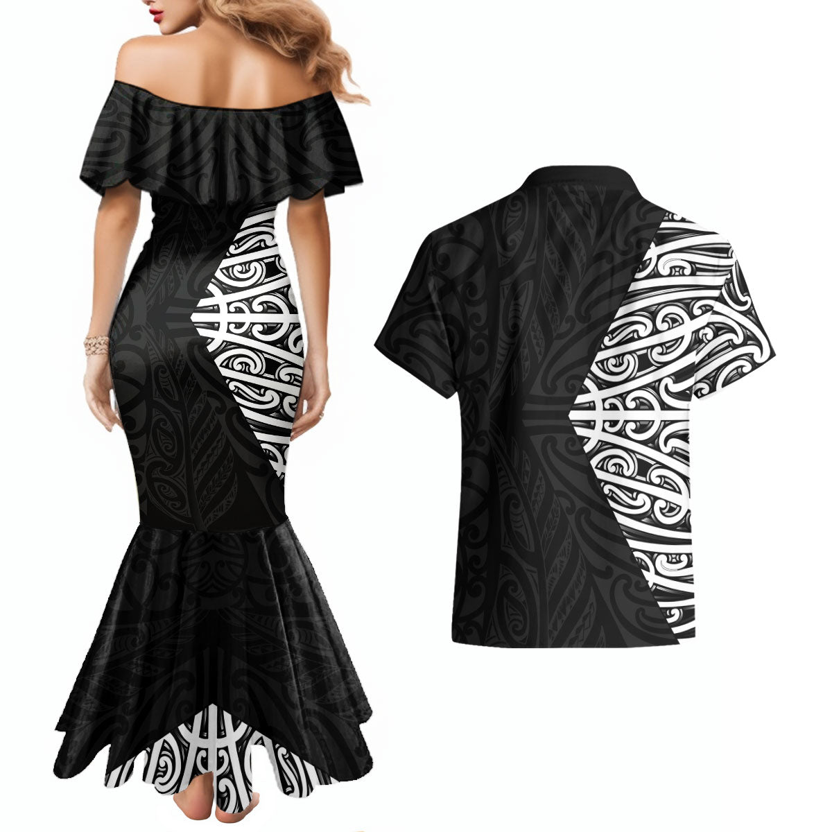 Black New Zealand Puhoro Maori Tattoo Couples Matching Mermaid Dress and Hawaiian Shirt