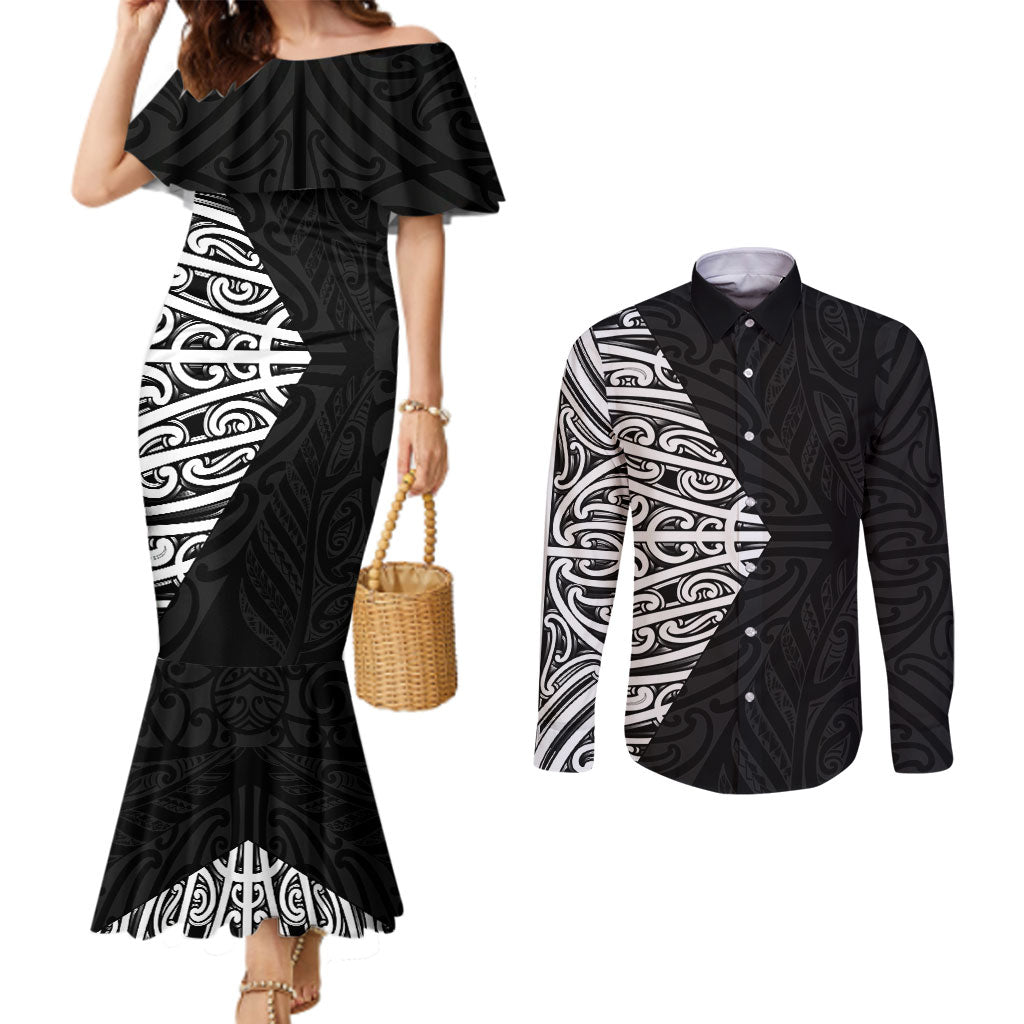 Black New Zealand Puhoro Maori Tattoo Couples Matching Mermaid Dress and Long Sleeve Button Shirt