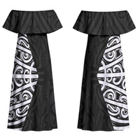 Black New Zealand Puhoro Maori Tattoo Couples Matching Off Shoulder Maxi Dress and Hawaiian Shirt LT14 - Polynesian Pride