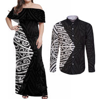 Black New Zealand Puhoro Maori Tattoo Couples Matching Off Shoulder Maxi Dress and Long Sleeve Button Shirt